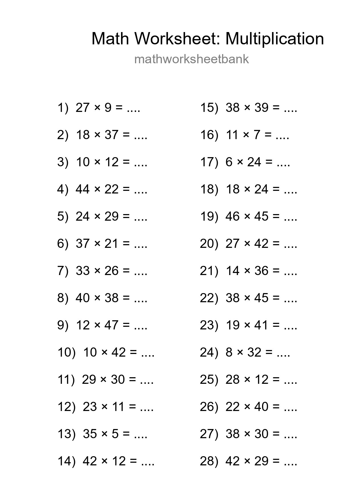 Grade 2 Multiplication Practice Worksheet (28 Problems) - Part 47