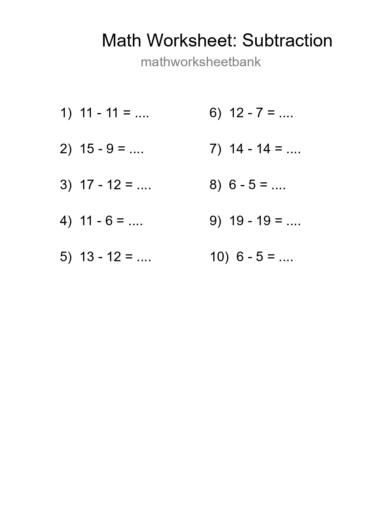 Grade 2 Subtraction Practice Worksheet (10 Problems) - Part 58