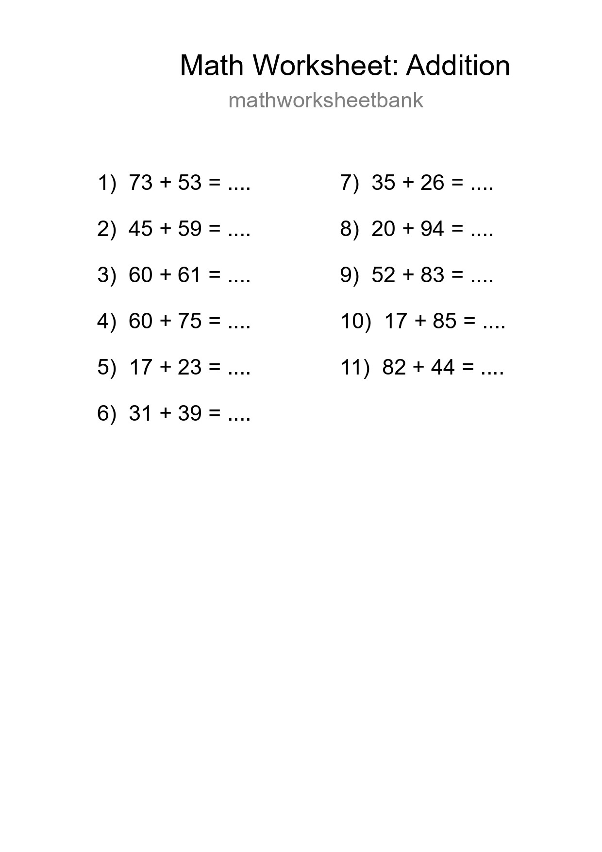 Grade 3 Addition Practice Worksheet (11 Problems) - Part 221
