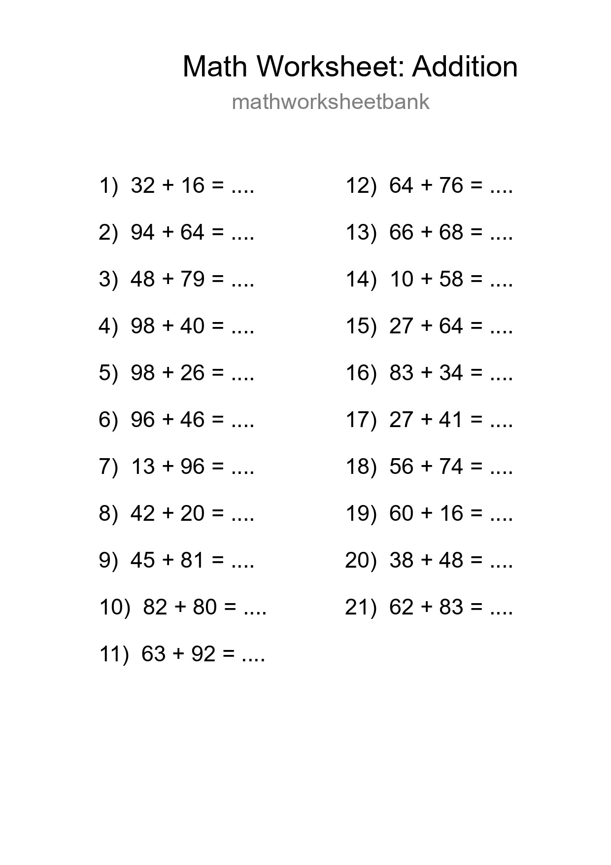 Grade 3 Addition Practice Worksheet (21 Problems) - Part 41
