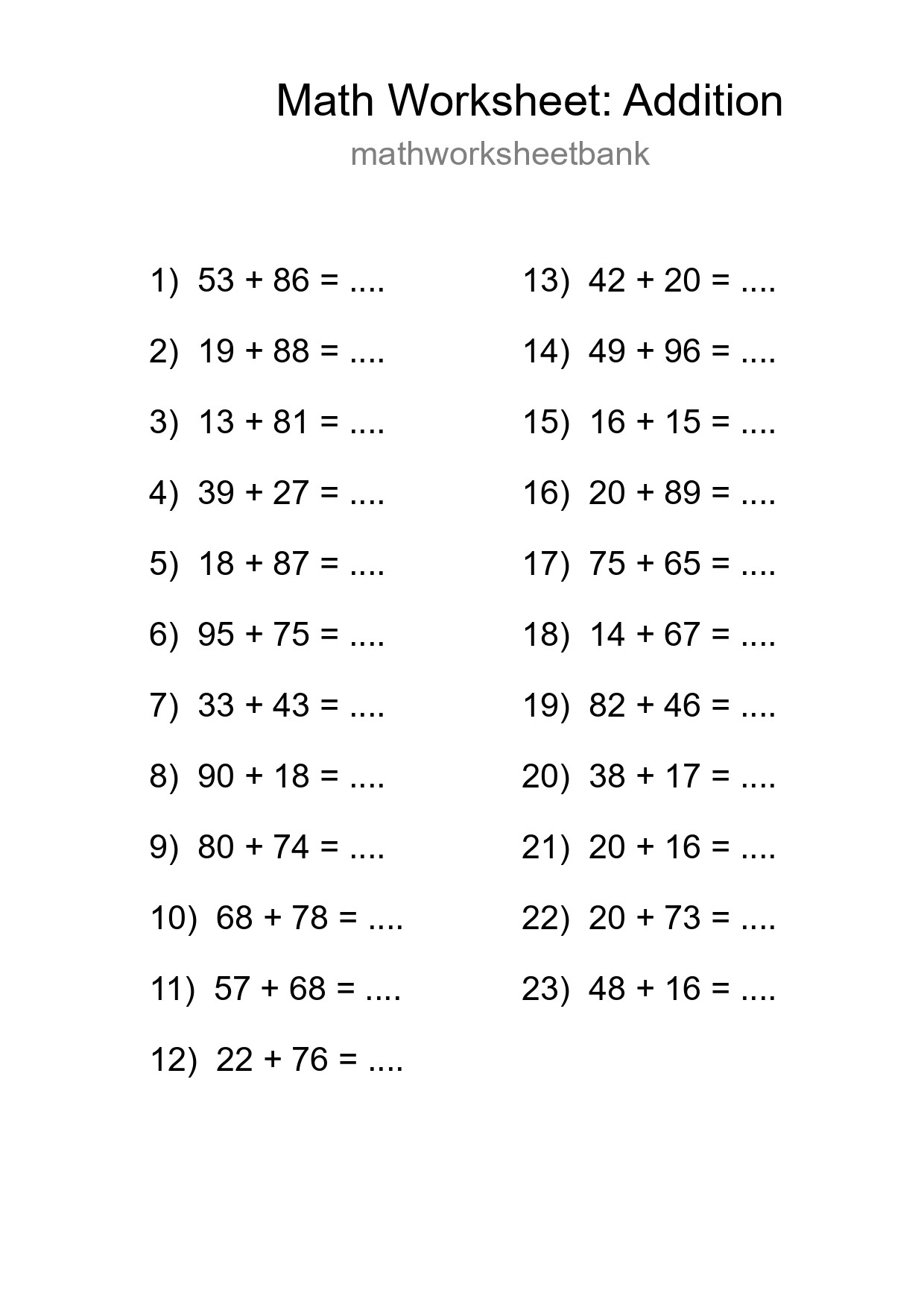 Grade 3 Addition Practice Worksheet (23 Problems) - Part 21