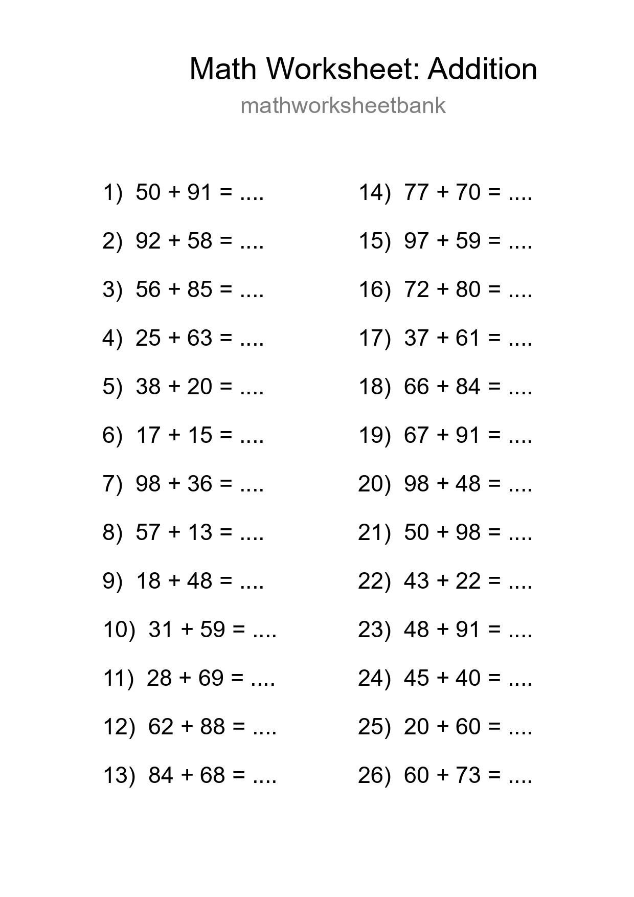 Grade 3 Addition Practice Worksheet (26 Problems) - Part 101
