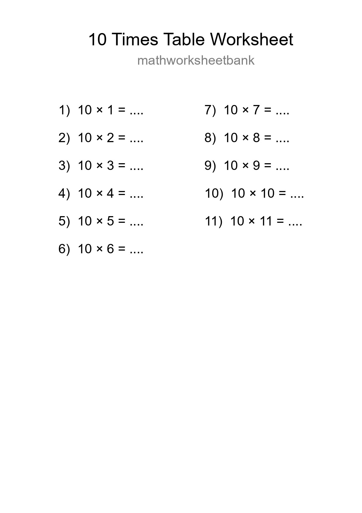 Grade 3 Multiplication Table 10 Practice - Part 109