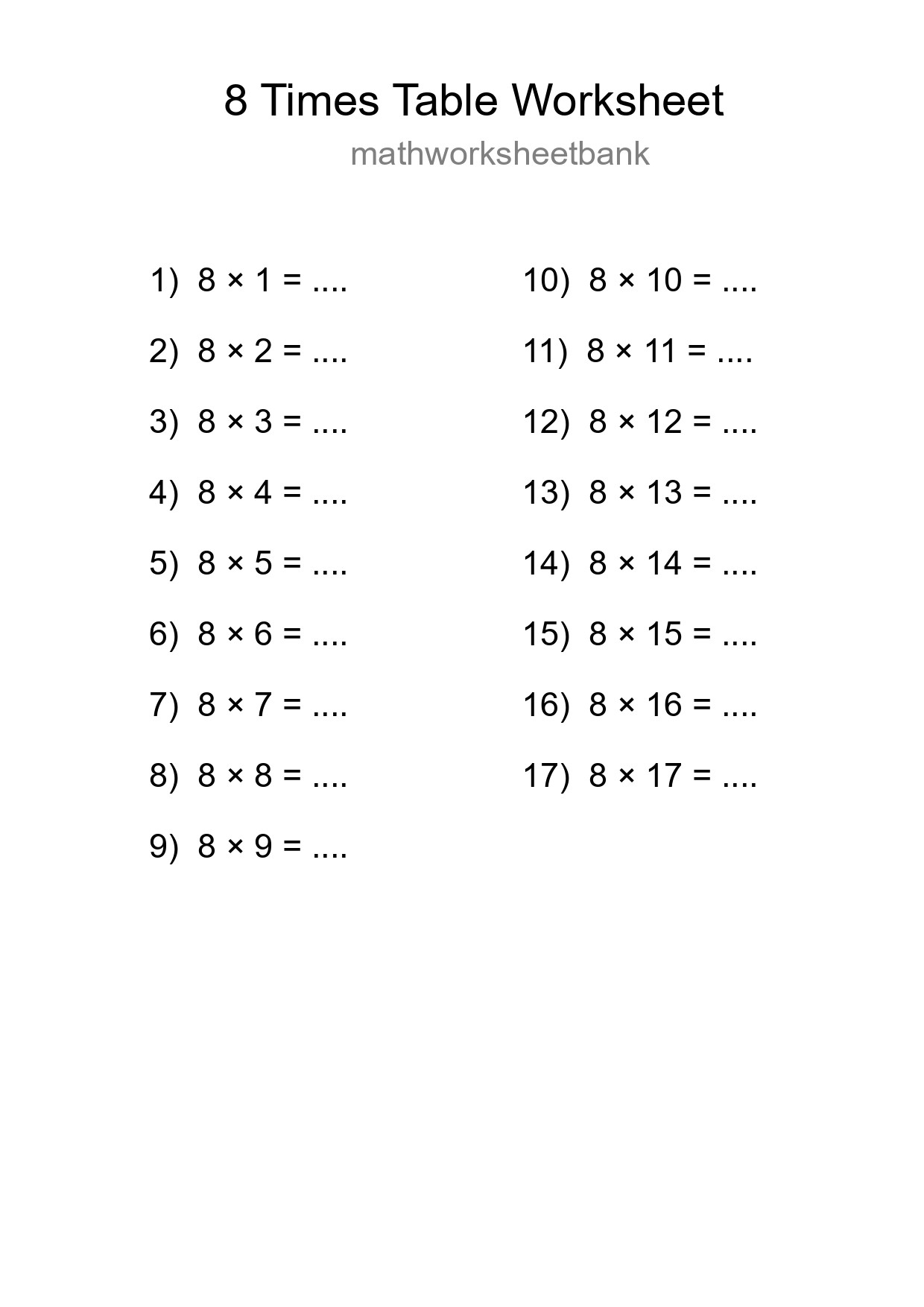 Grade 3 Multiplication Table 8 Practice - Part 289