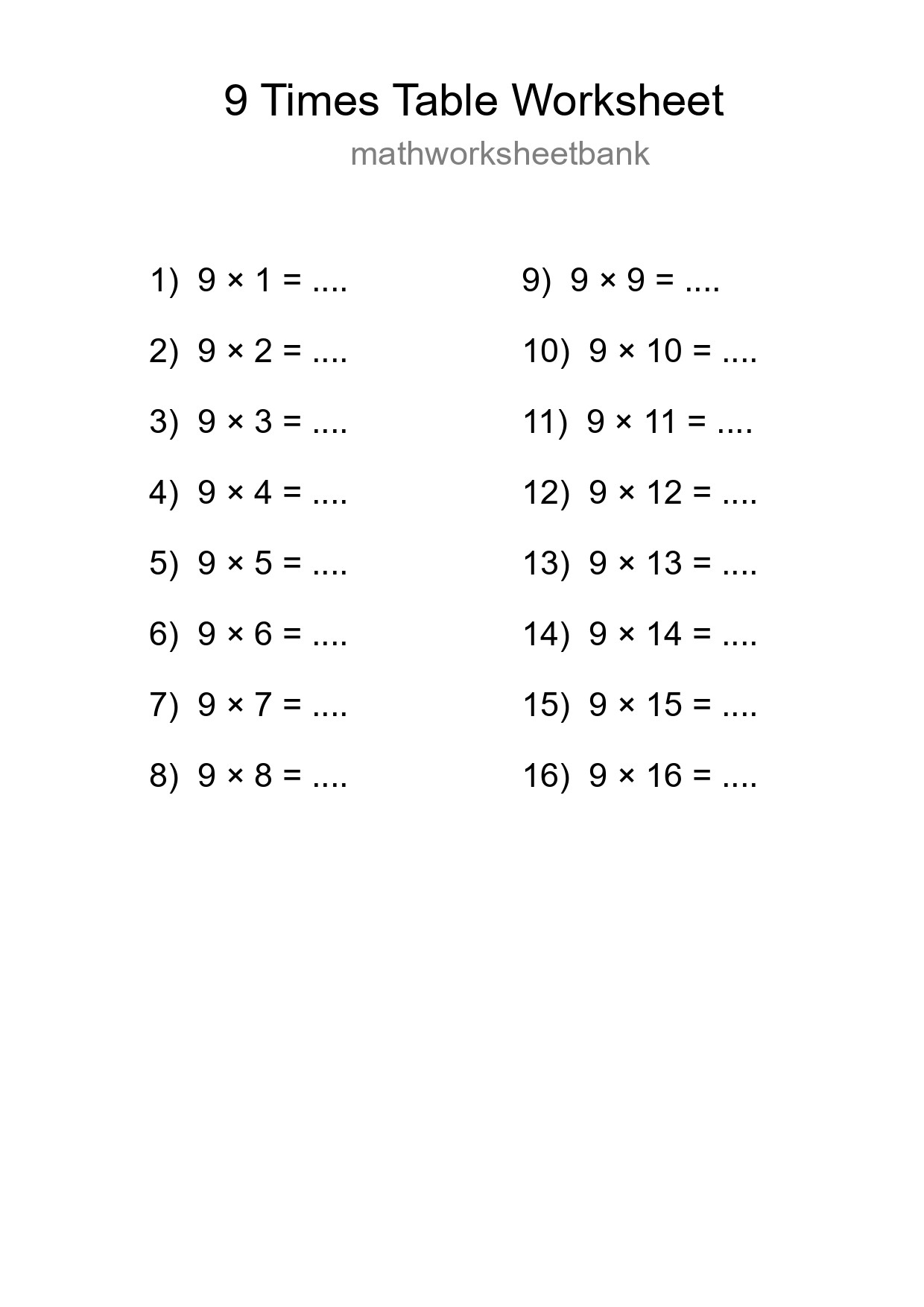 Grade 3 Multiplication Table 9 Practice - Part 69