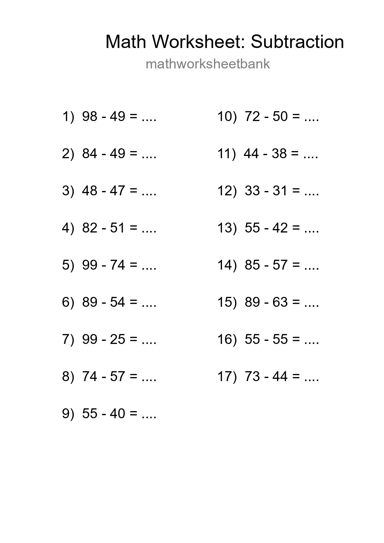 Grade 3 Subtraction Practice Worksheet (17 Problems) - Part 298