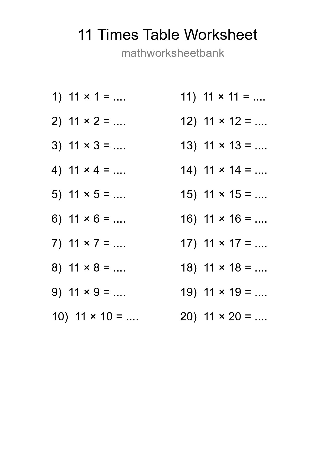 Grade 4 Multiplication Table 11 Practice - Part 89