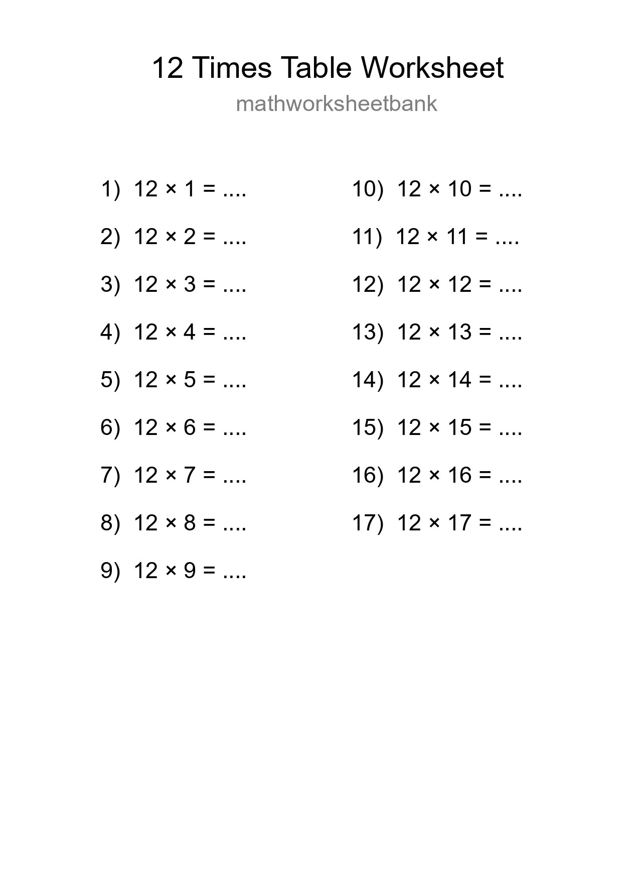 Grade 4 Multiplication Table 12 Practice - Part 79