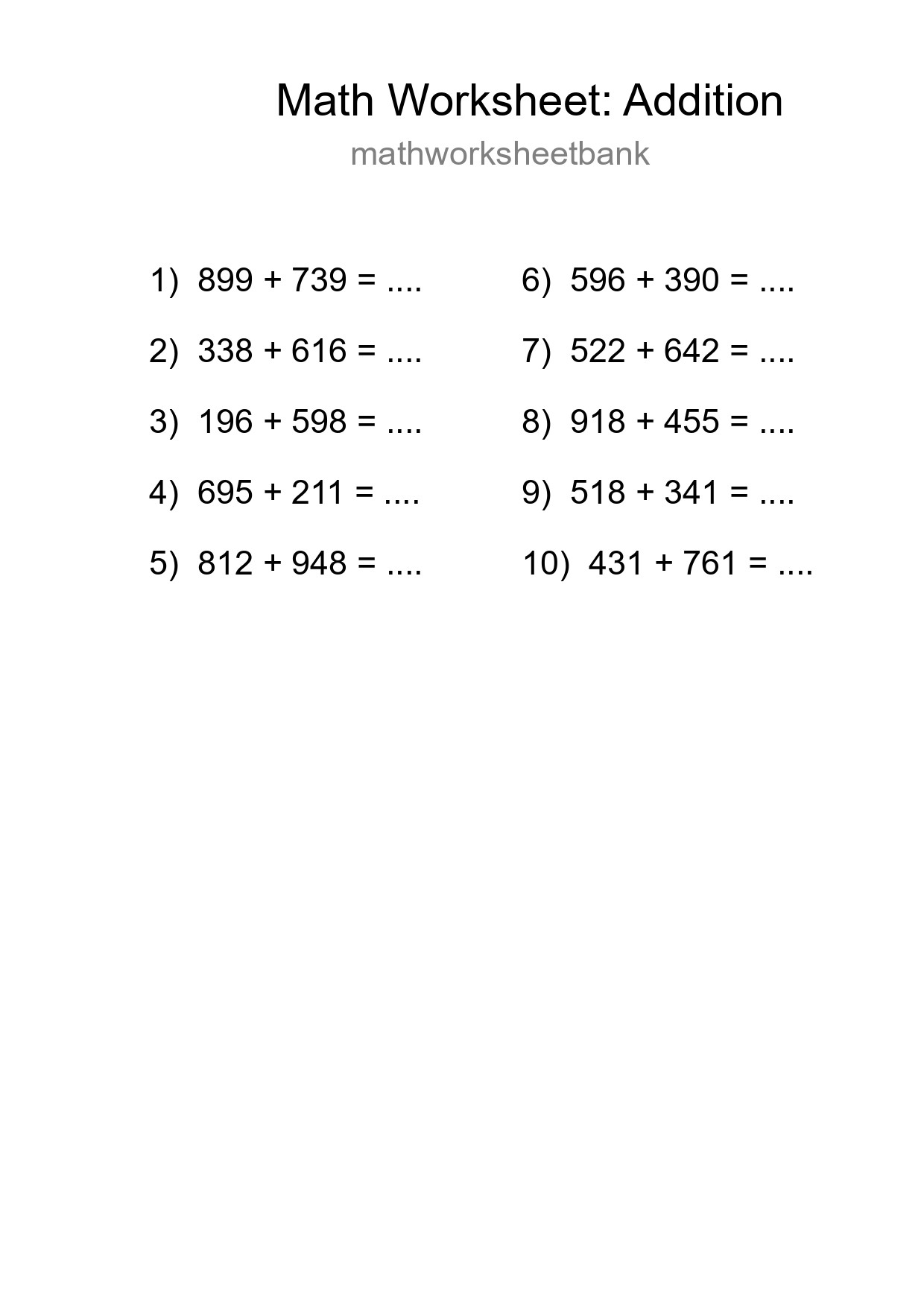 Grade 5 Addition Practice Worksheet (10 Problems) - Part 51