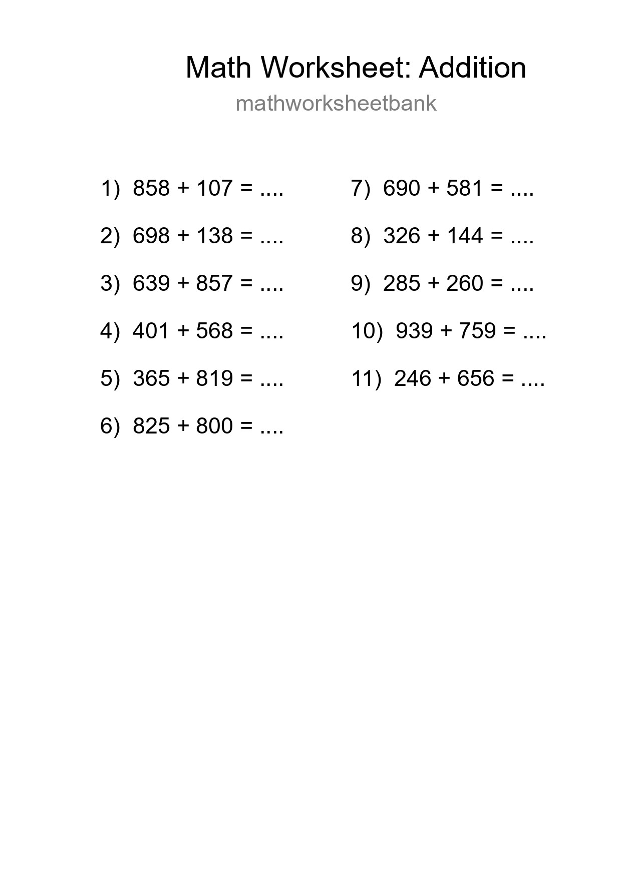 Grade 5 Addition Practice Worksheet (11 Problems)