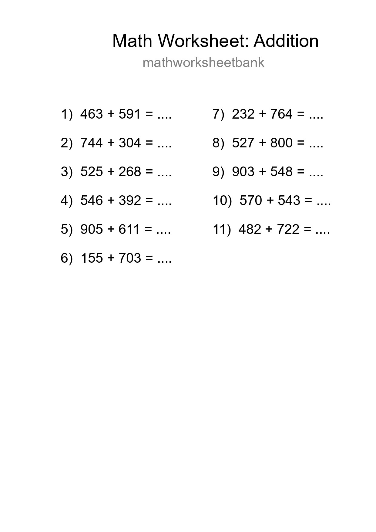 Grade 5 Addition Practice Worksheet (11 Problems) - Part 31