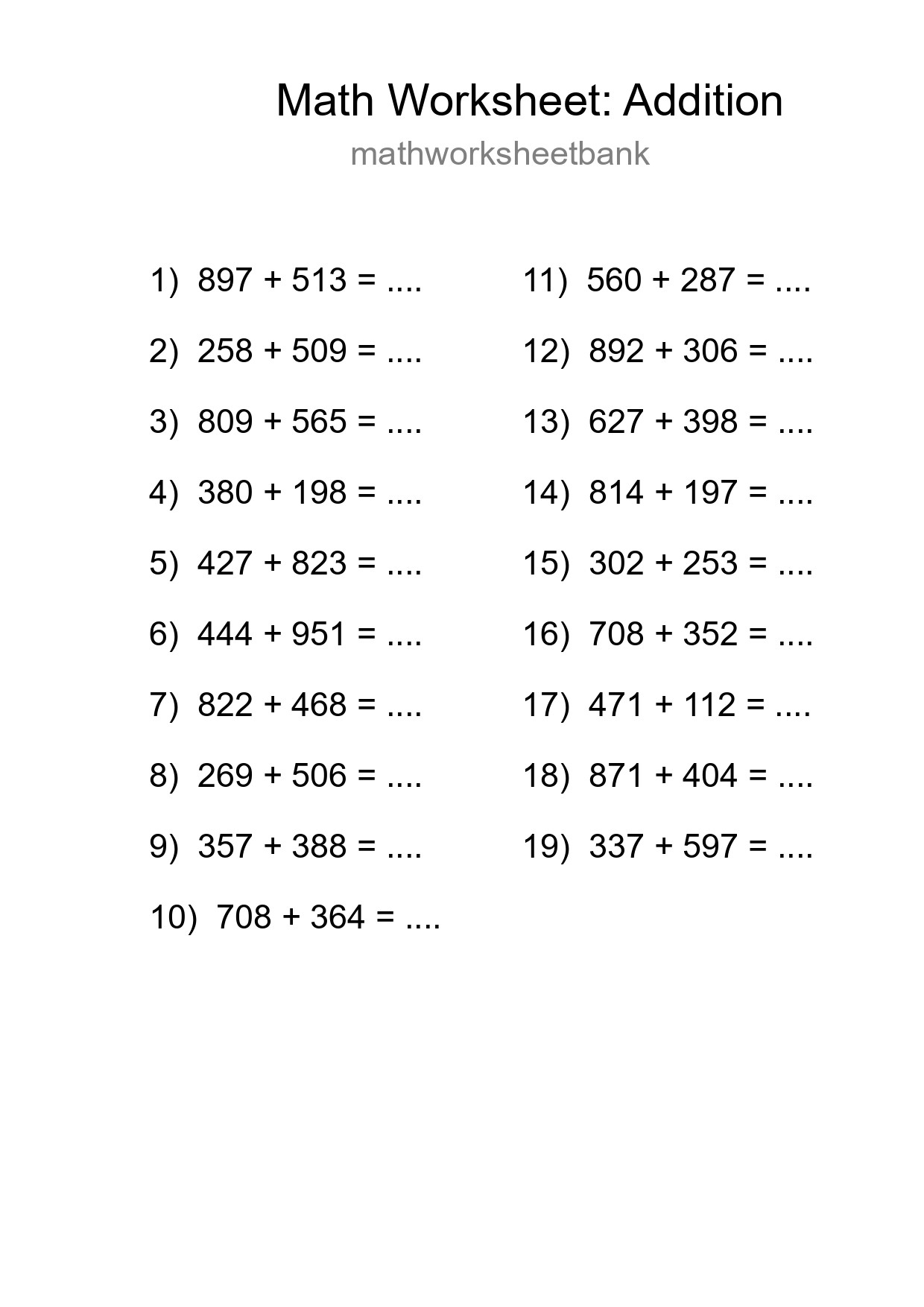 Grade 5 Addition Practice Worksheet (19 Problems) - Part 271