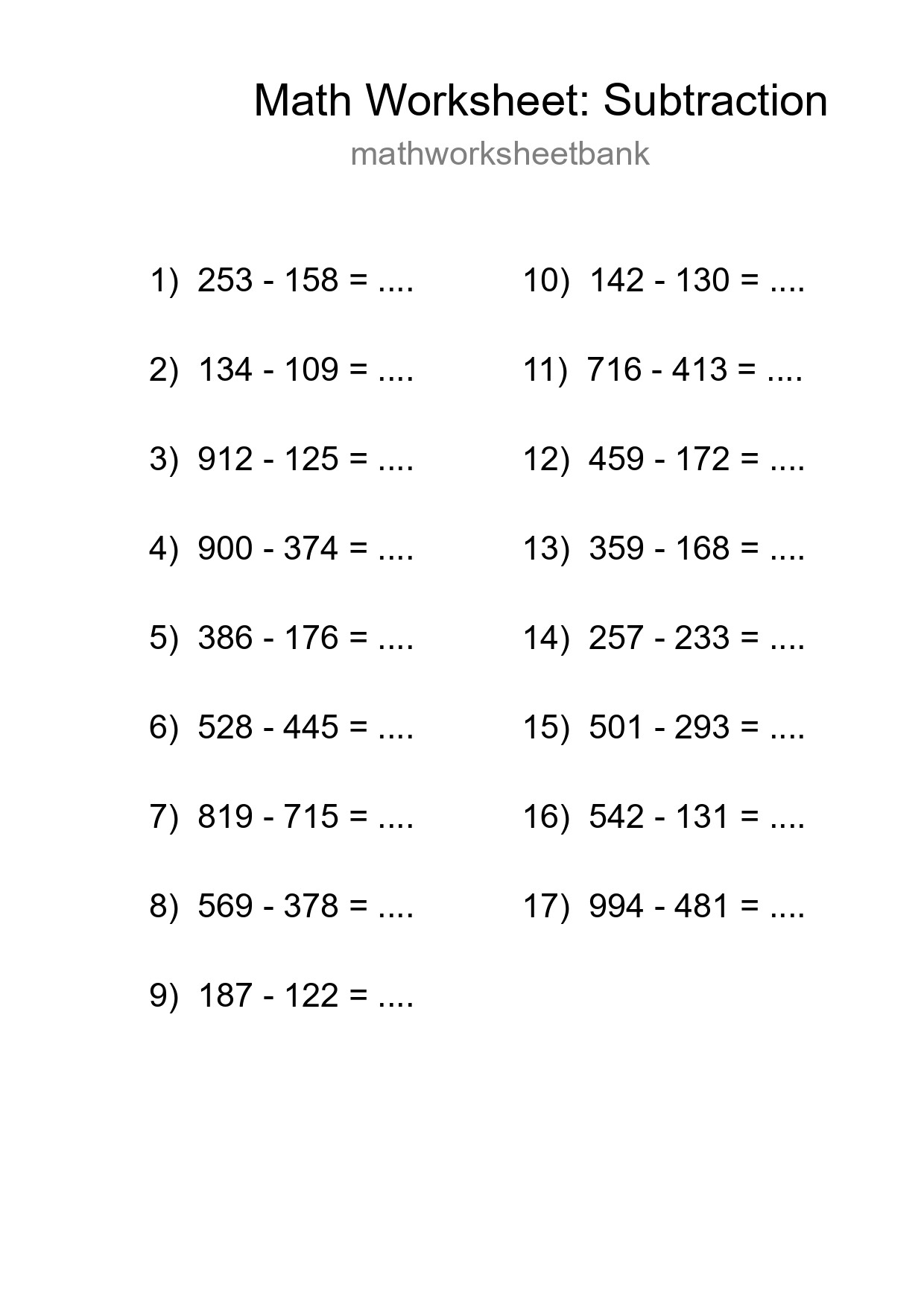 Grade 5 Subtraction Practice Worksheet (17 Problems) - Part 8