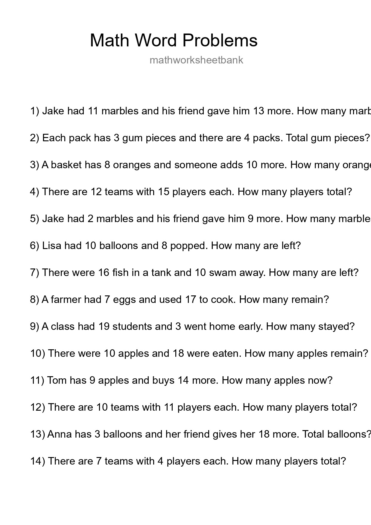 Math Word Problem Worksheet