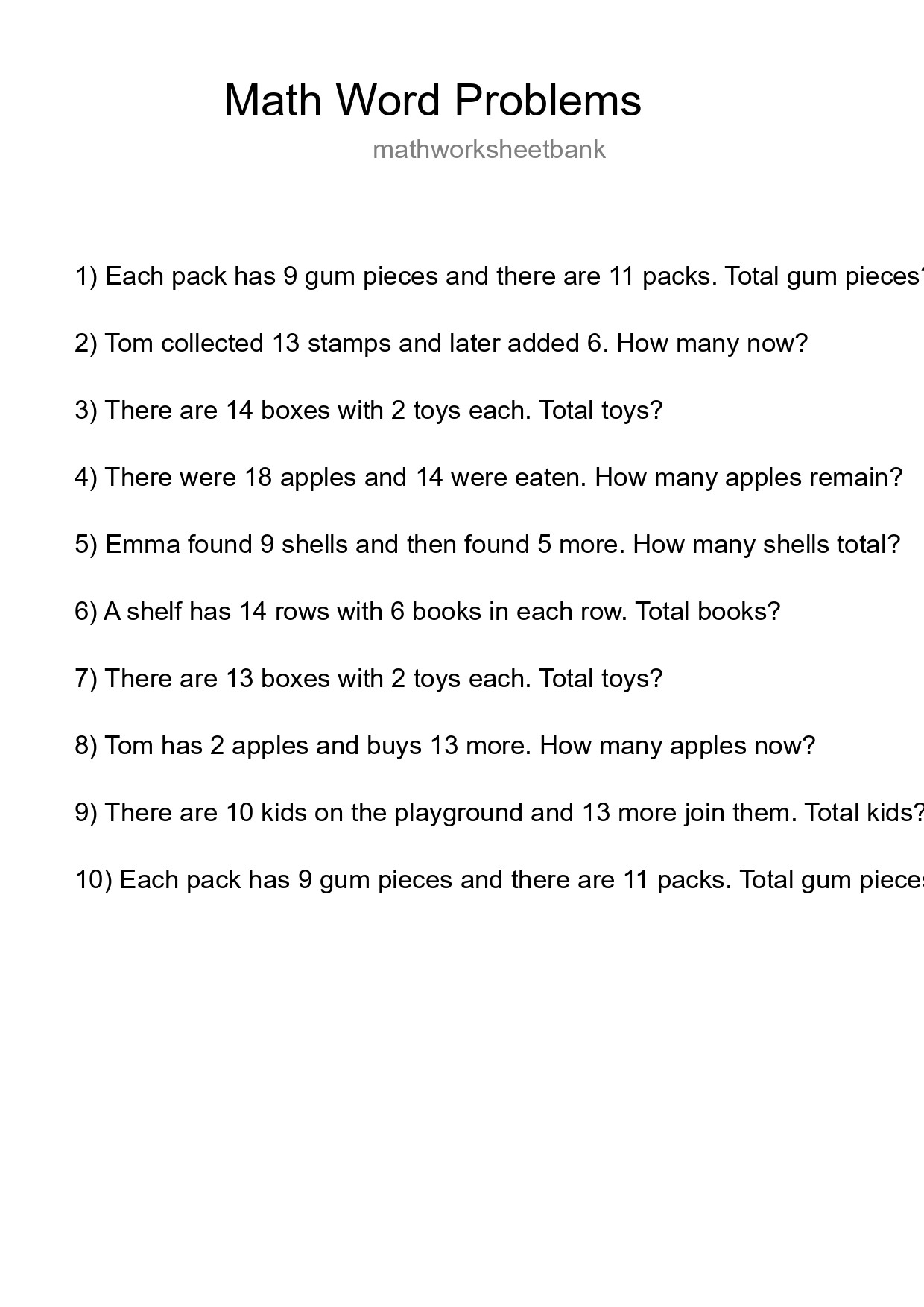 Math Word Problem Worksheet