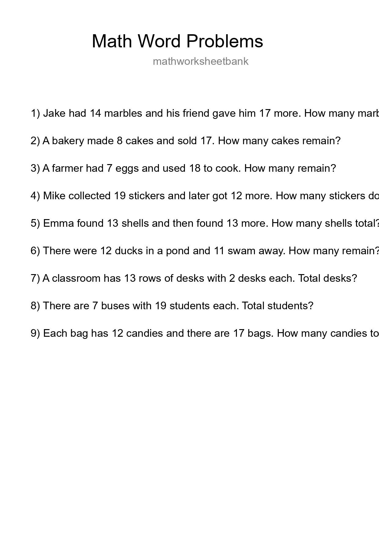 Math Word Problem Worksheet