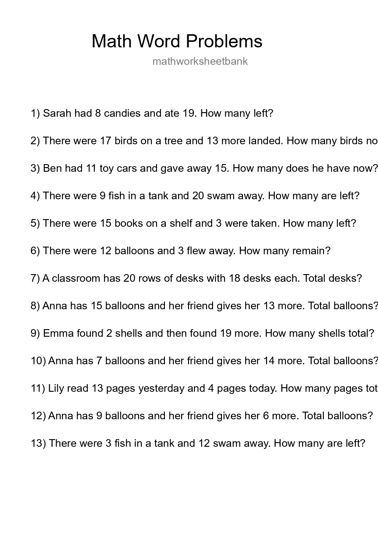 Math Word Problem Worksheet