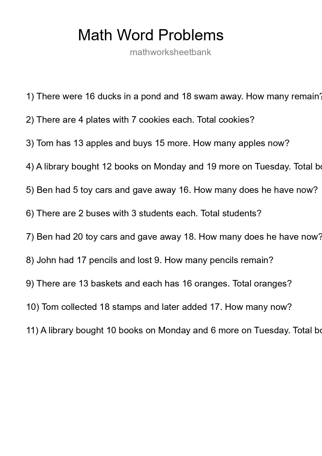 Math Word Problem Worksheet