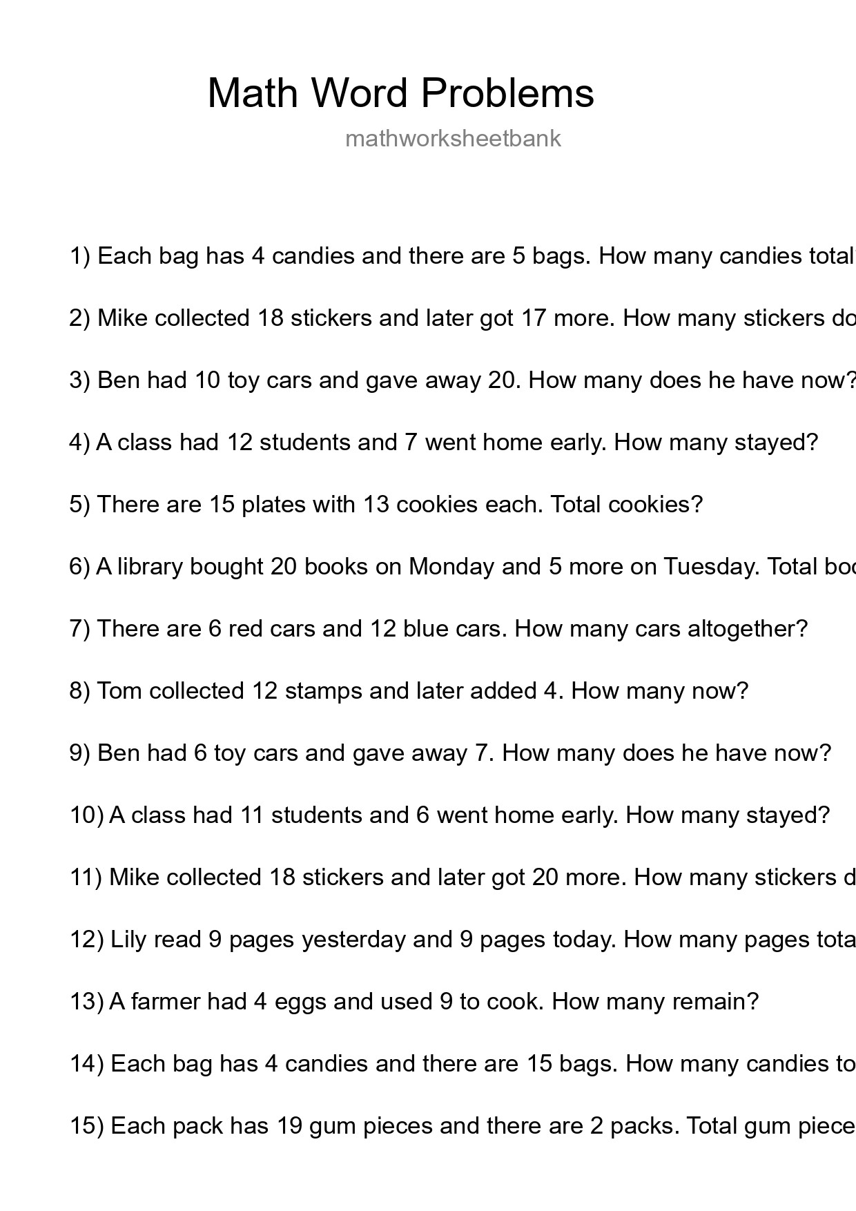 Math Word Problem Worksheet