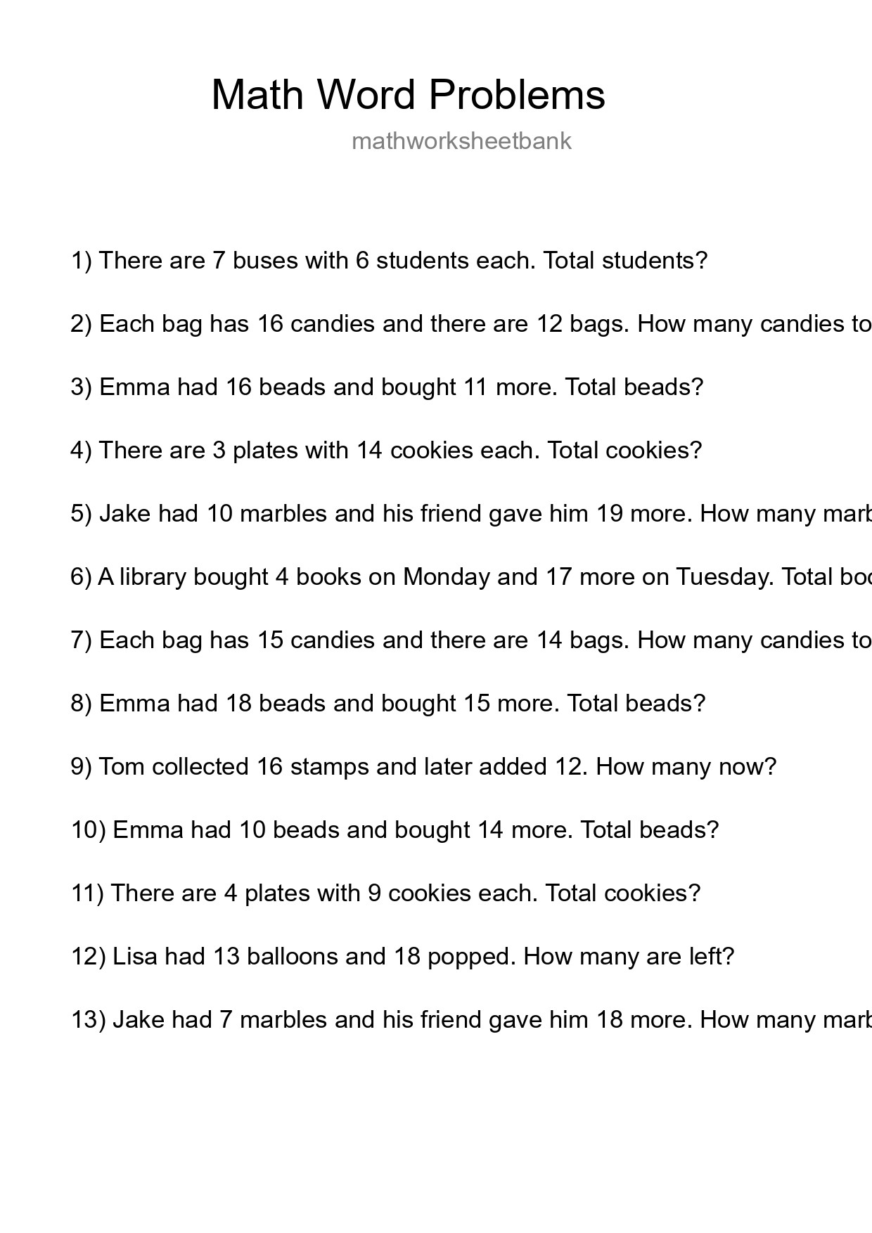 Math Word Problem Worksheet