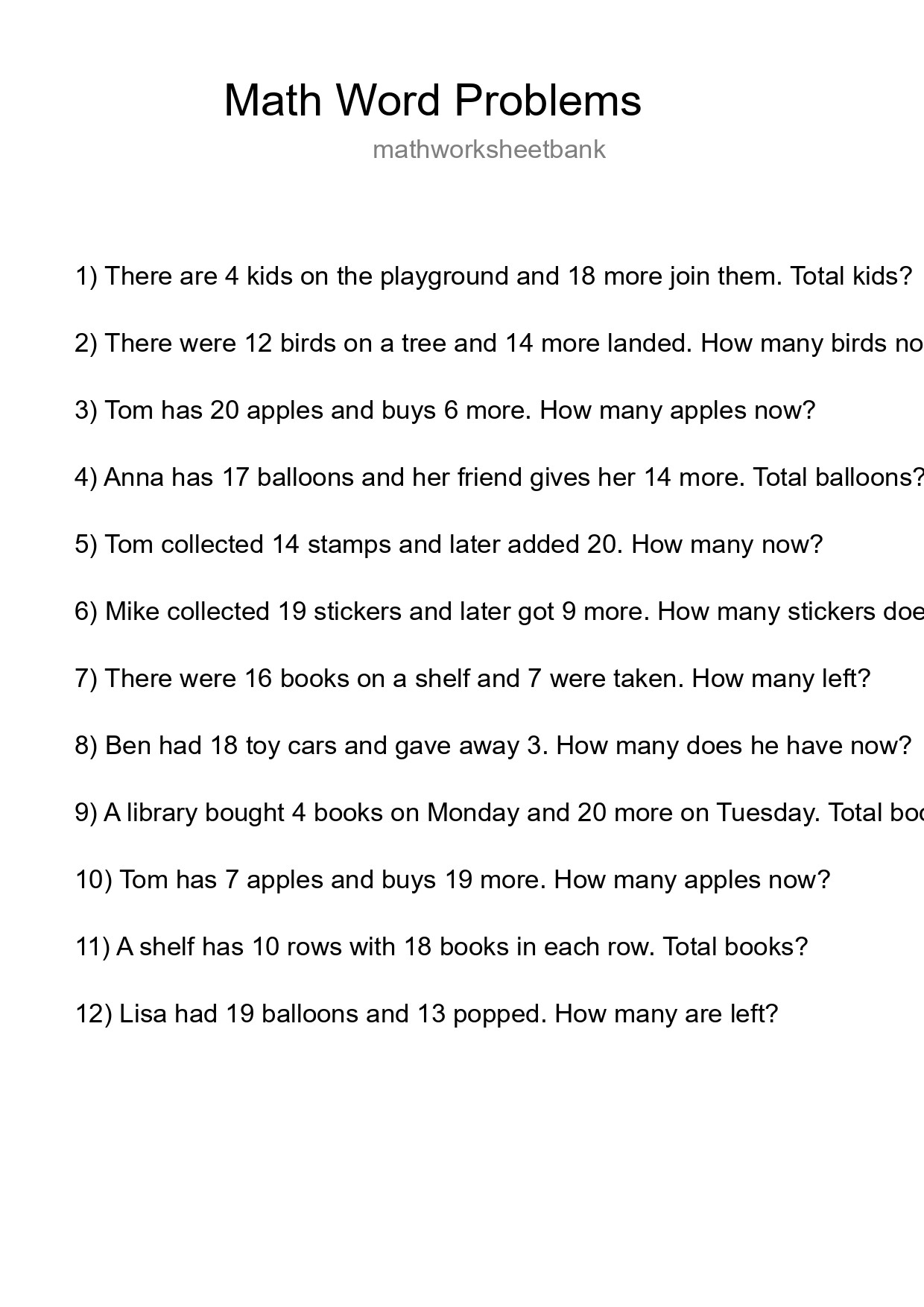 Math Word Problem Worksheet