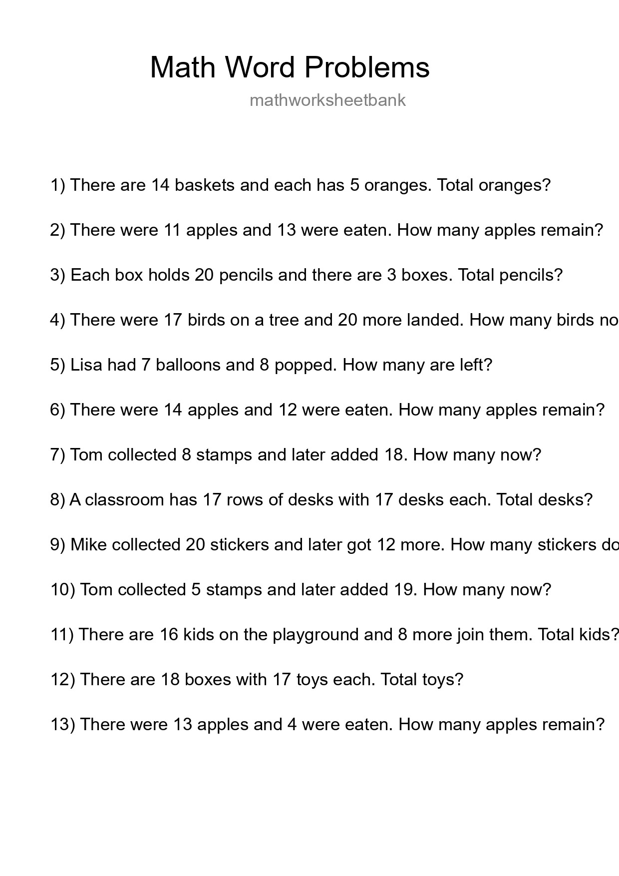 Math Word Problem Worksheet