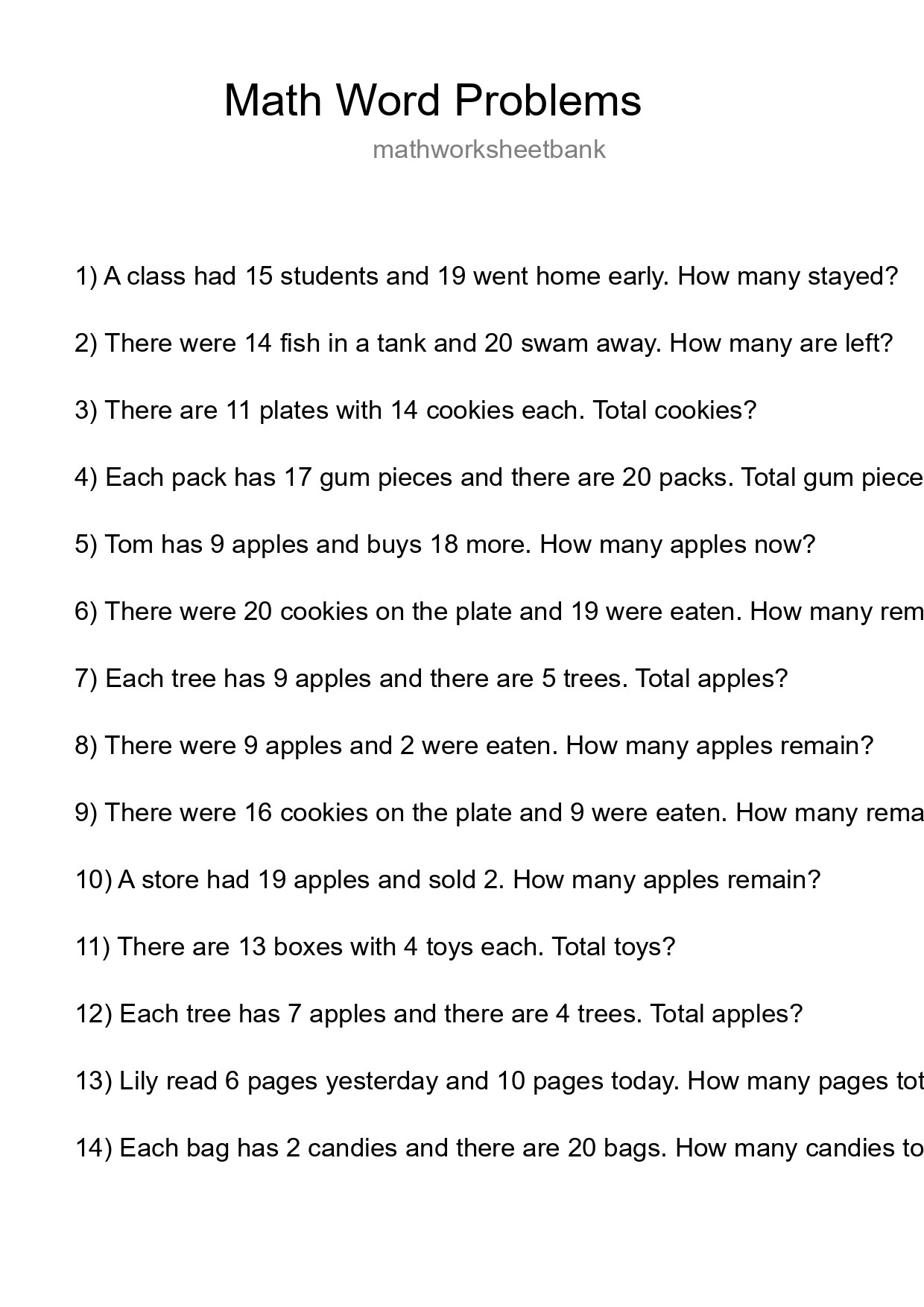 Math Word Problem Worksheet