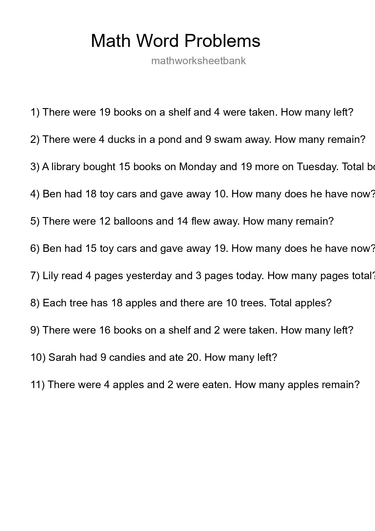 Math Word Problem Worksheet