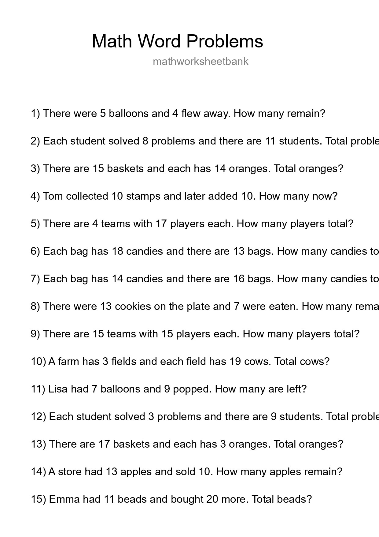 Math Word Problem Worksheet