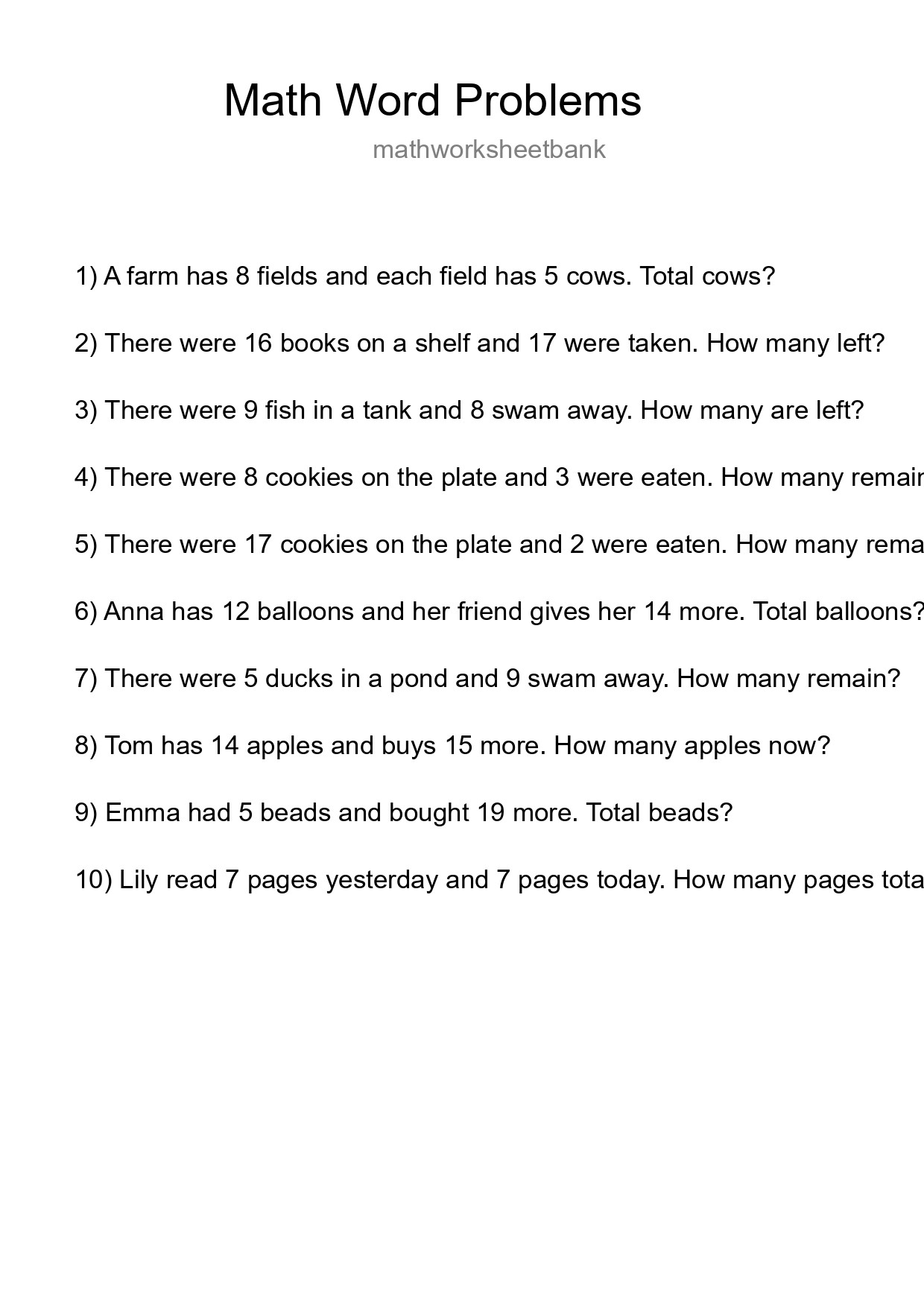 Math Word Problem Worksheet