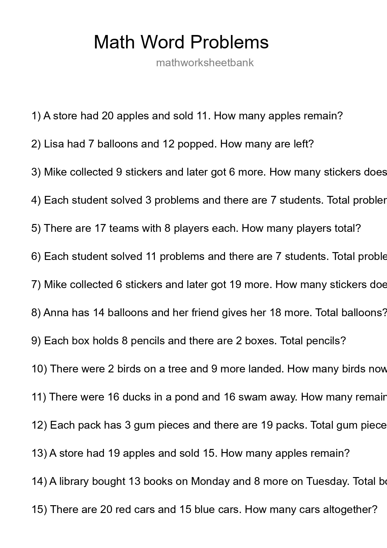 Math Word Problem Worksheet