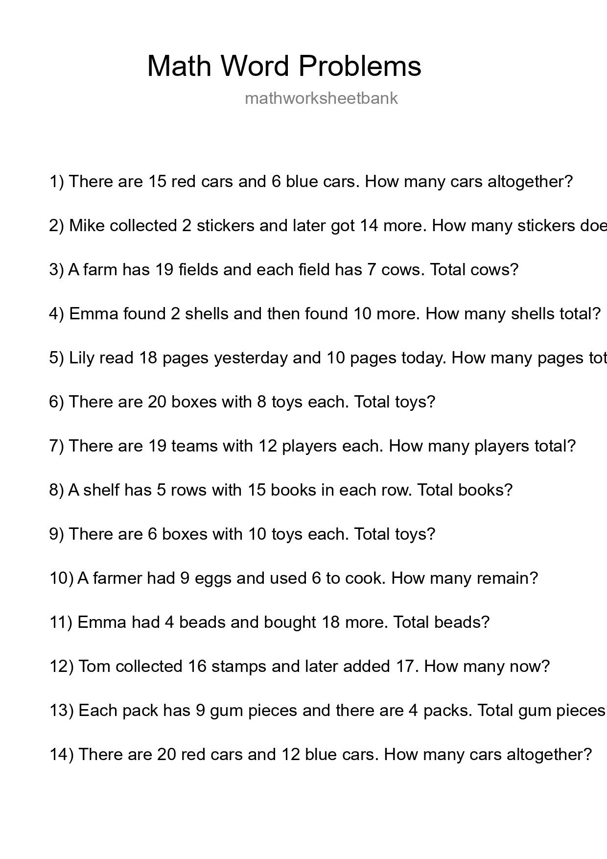 Math Word Problem Worksheet