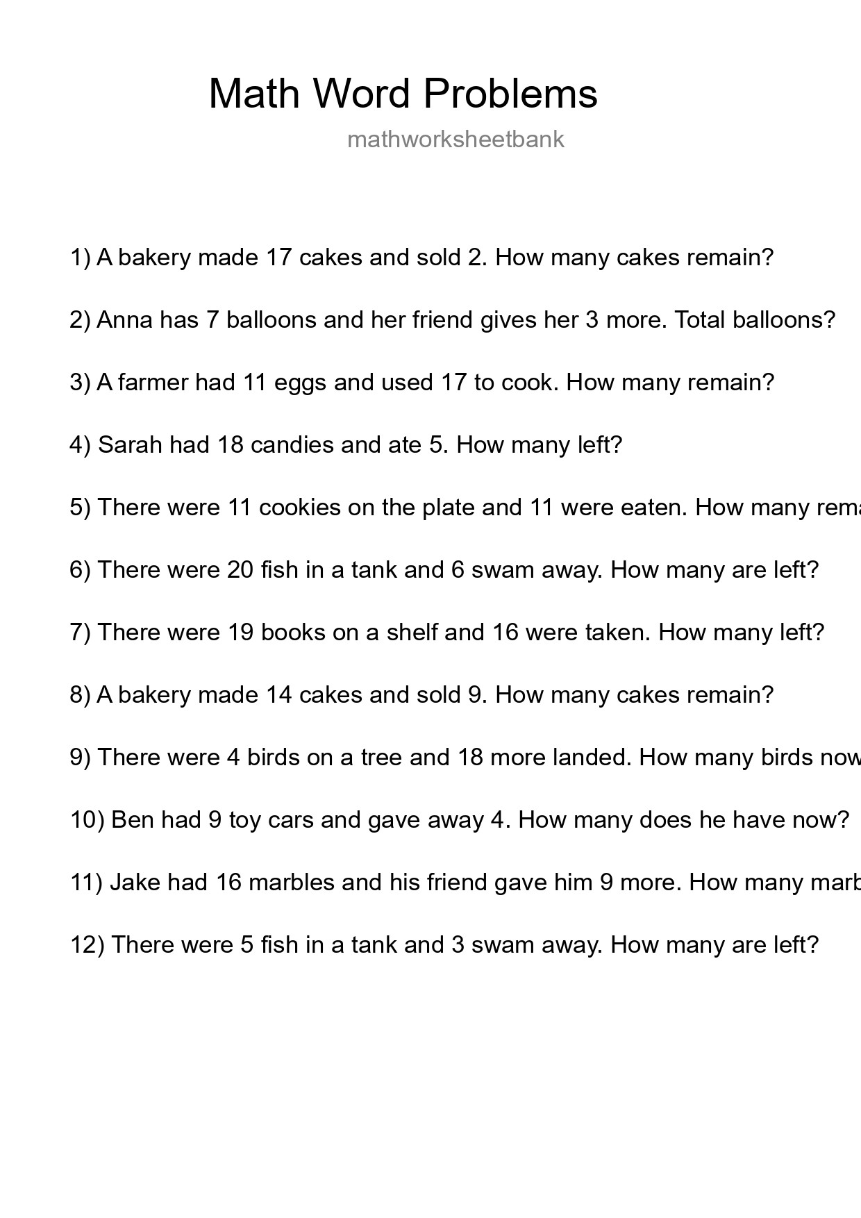 Math Word Problem Worksheet