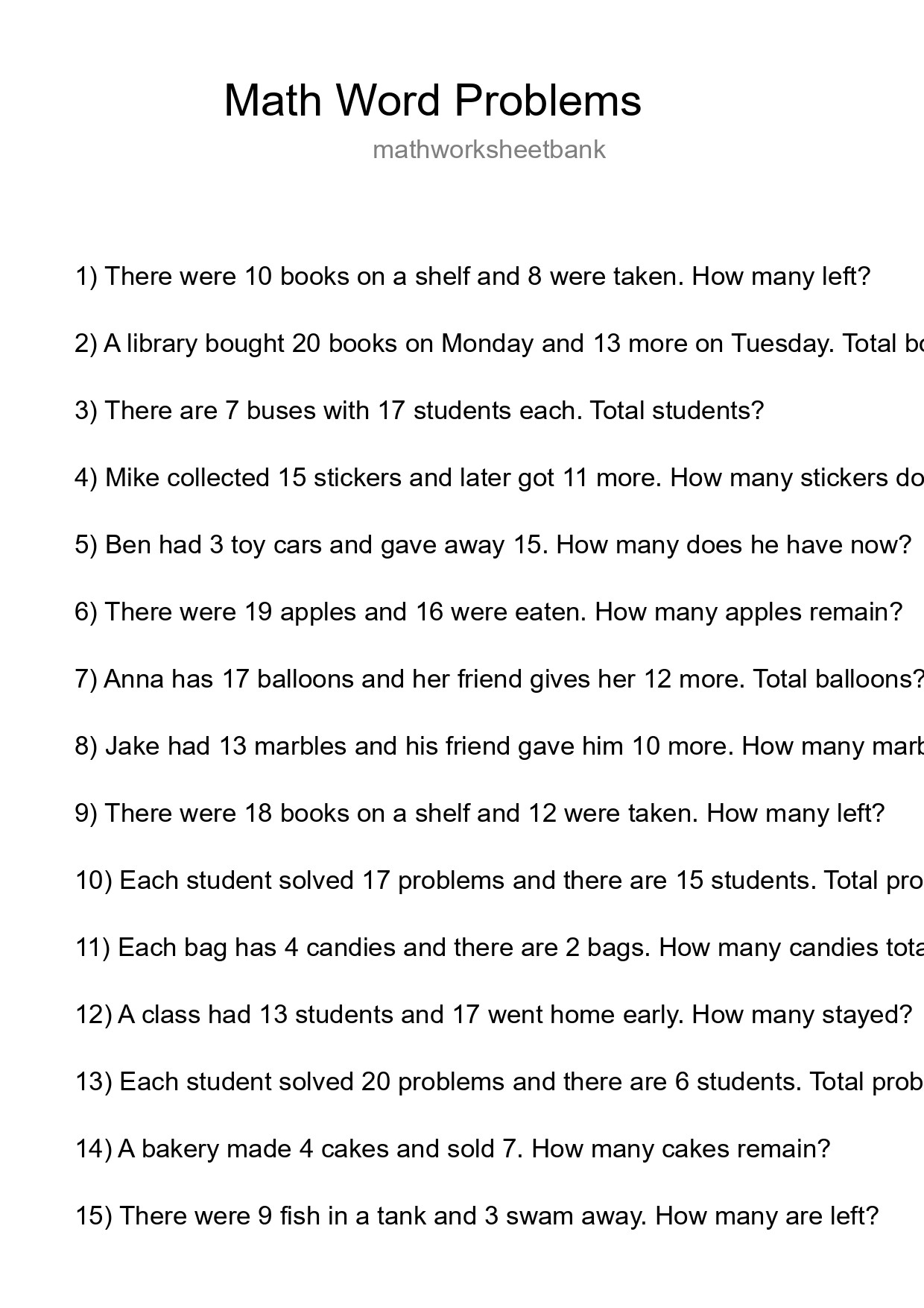 Math Word Problem Worksheet