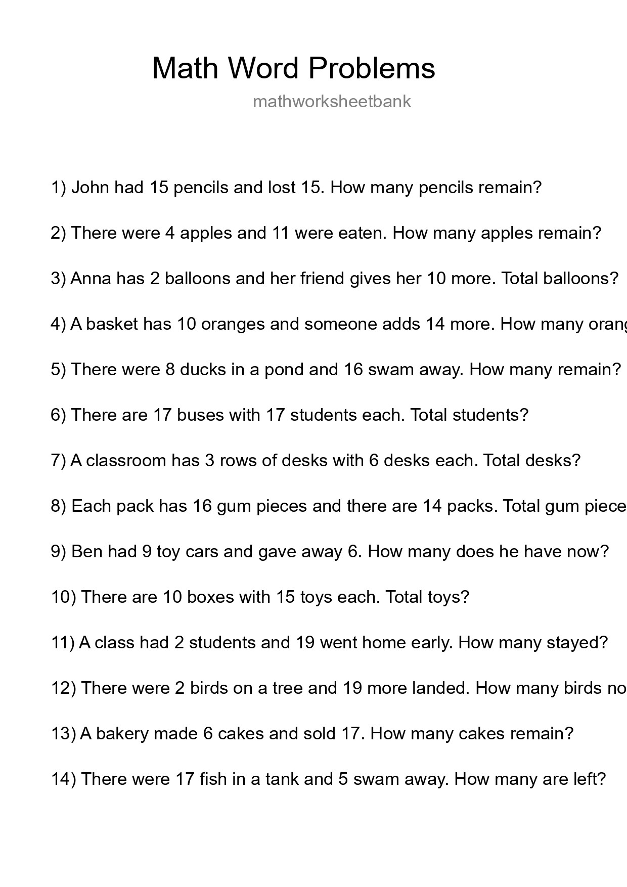 Math Word Problem Worksheet
