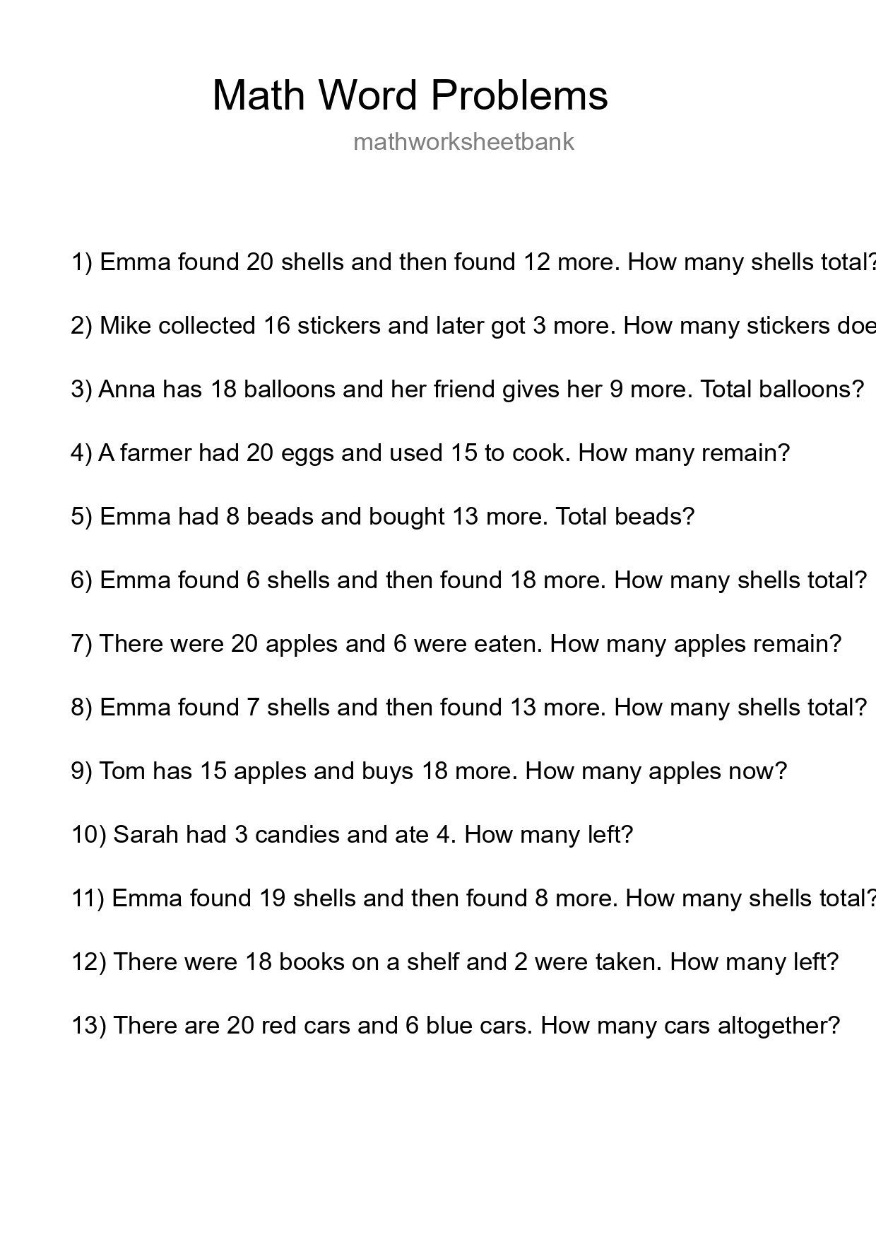 Math Word Problem Worksheet