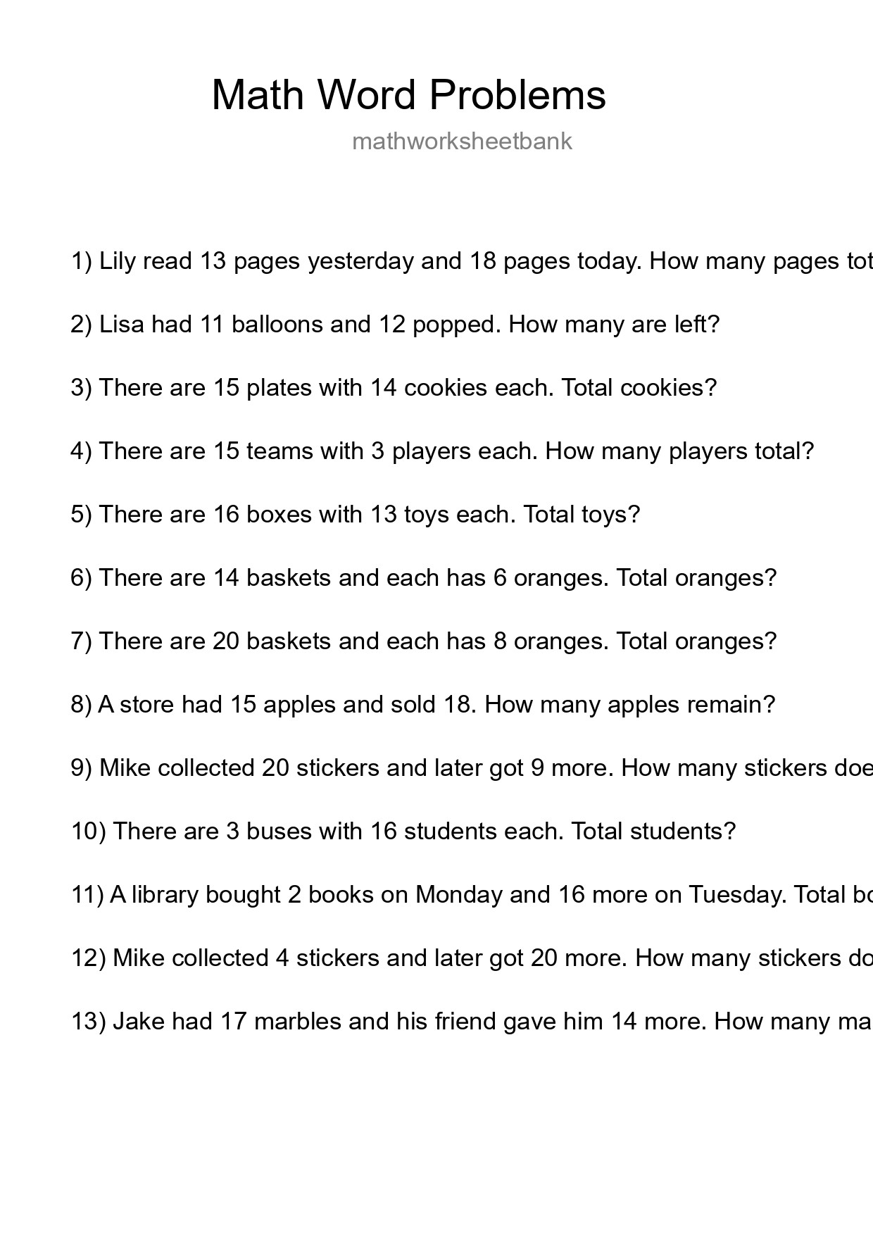 Math Word Problem Worksheet