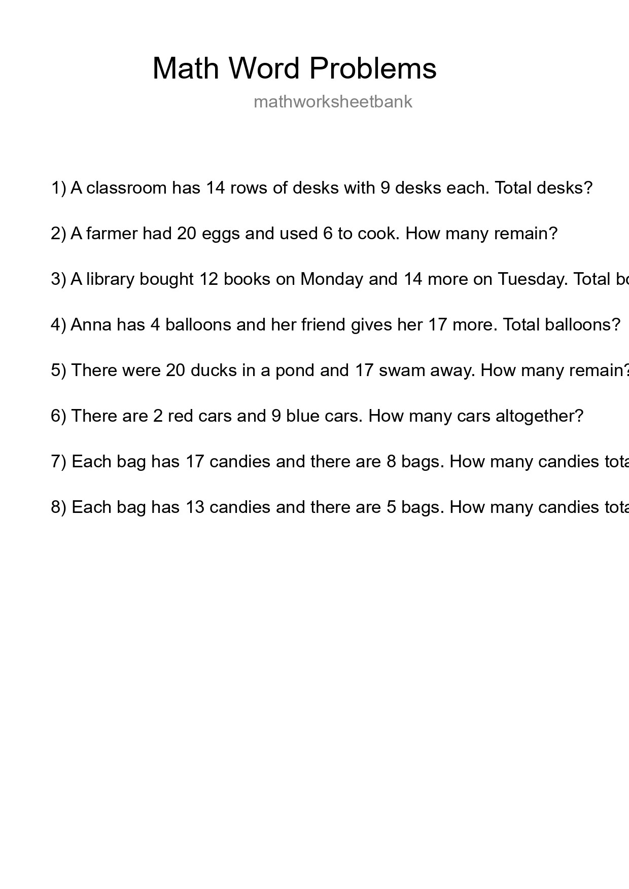 Math Word Problem Worksheet