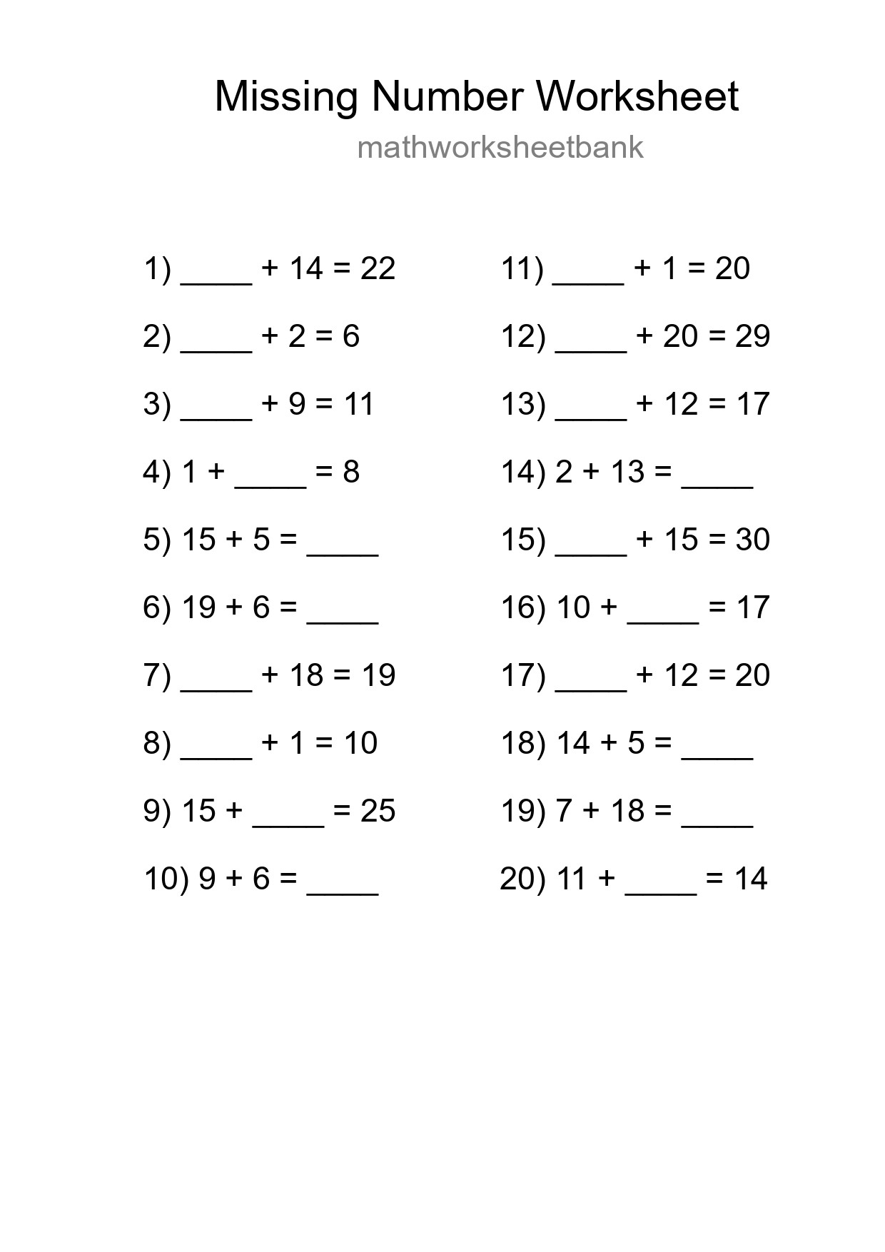 Missing Number Math Worksheet