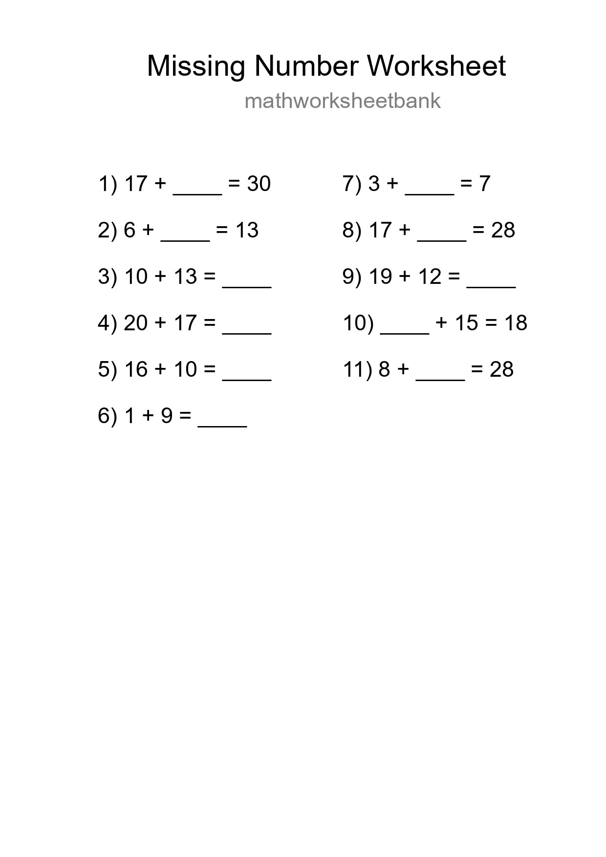 Missing Number Math Worksheet