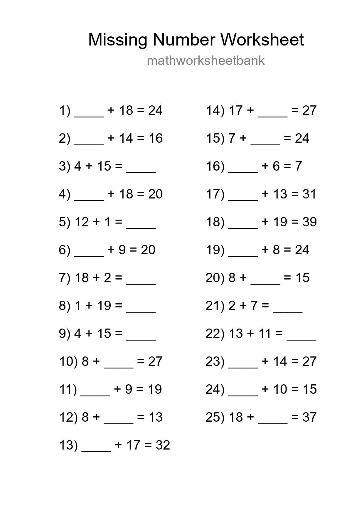 Missing Number Math Worksheet