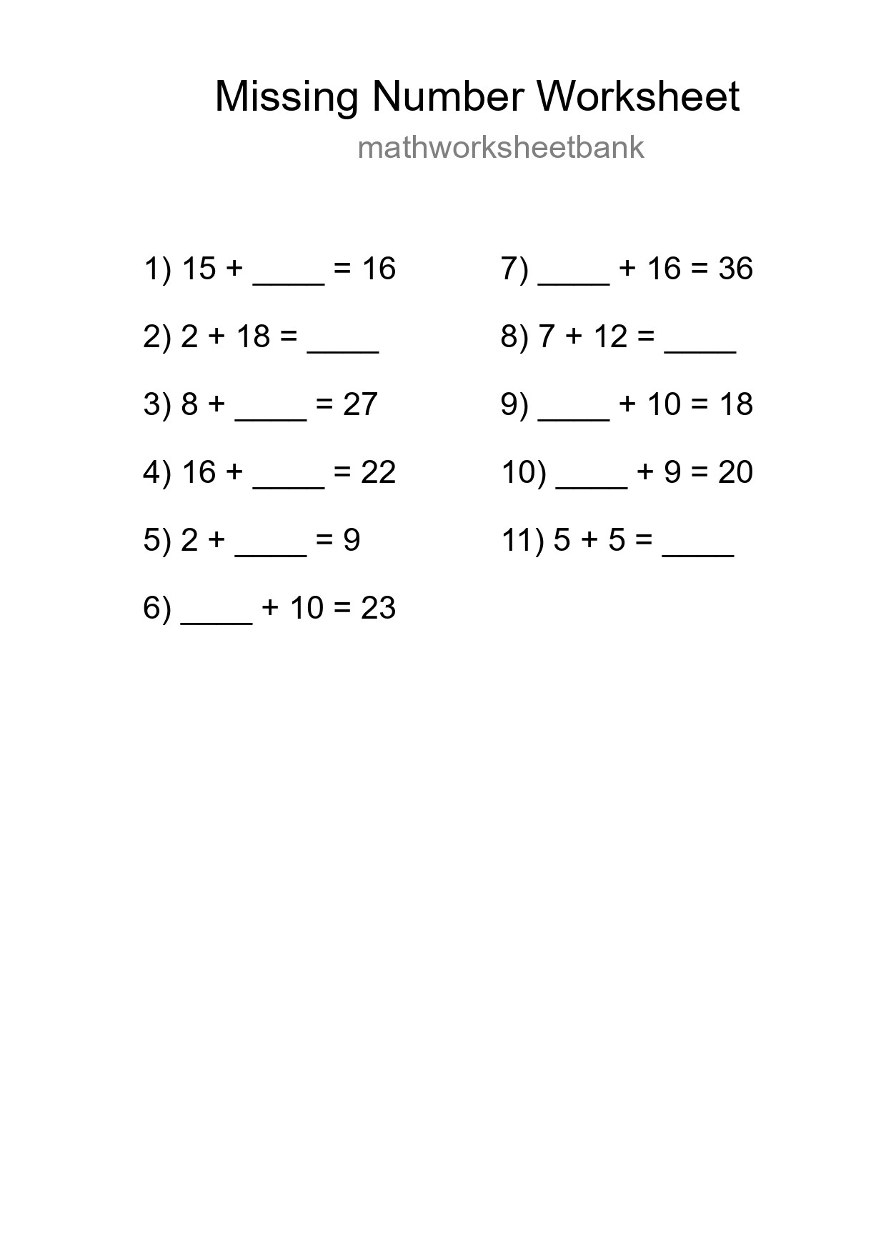 Missing Number Math Worksheet