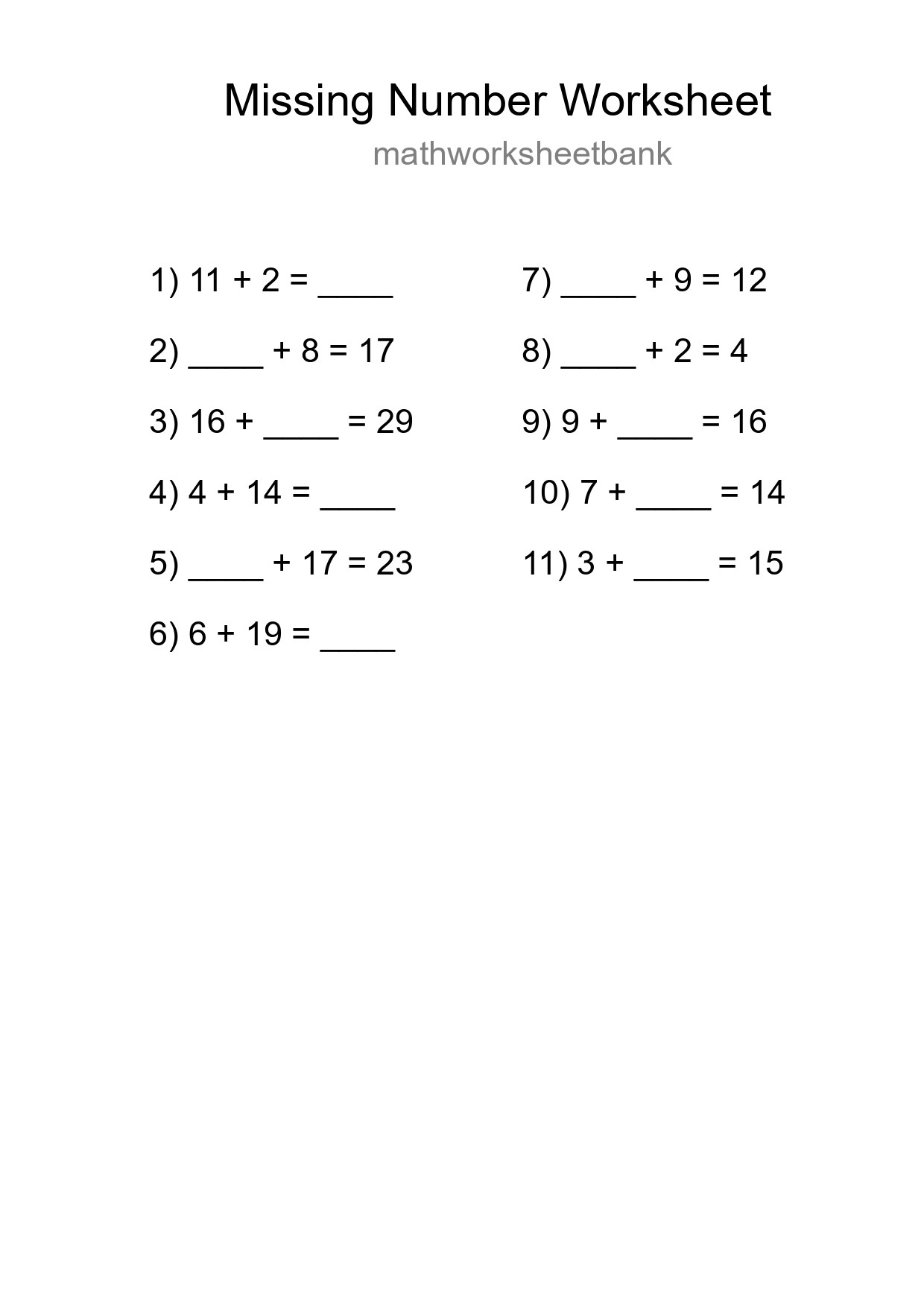 Missing Number Math Worksheet
