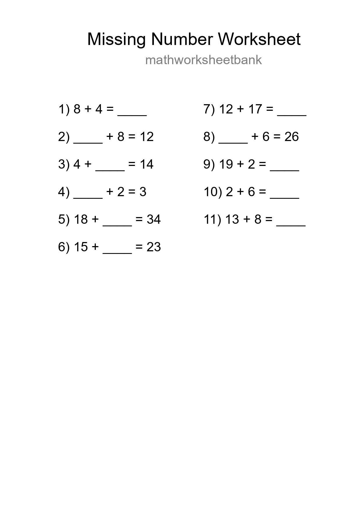 Missing Number Math Worksheet