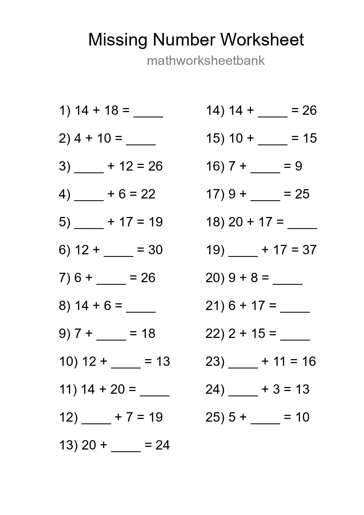 Missing Number Math Worksheet