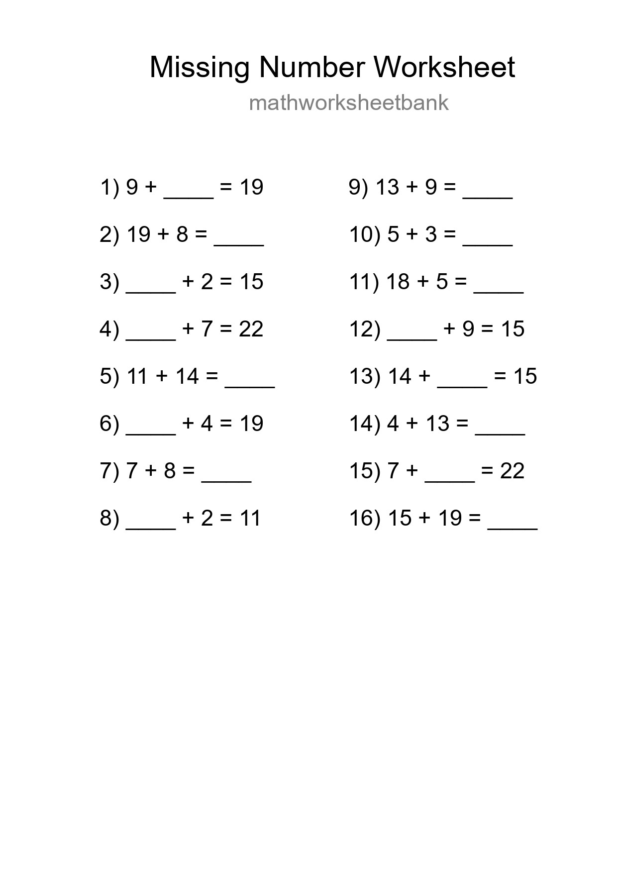 Missing Number Math Worksheet