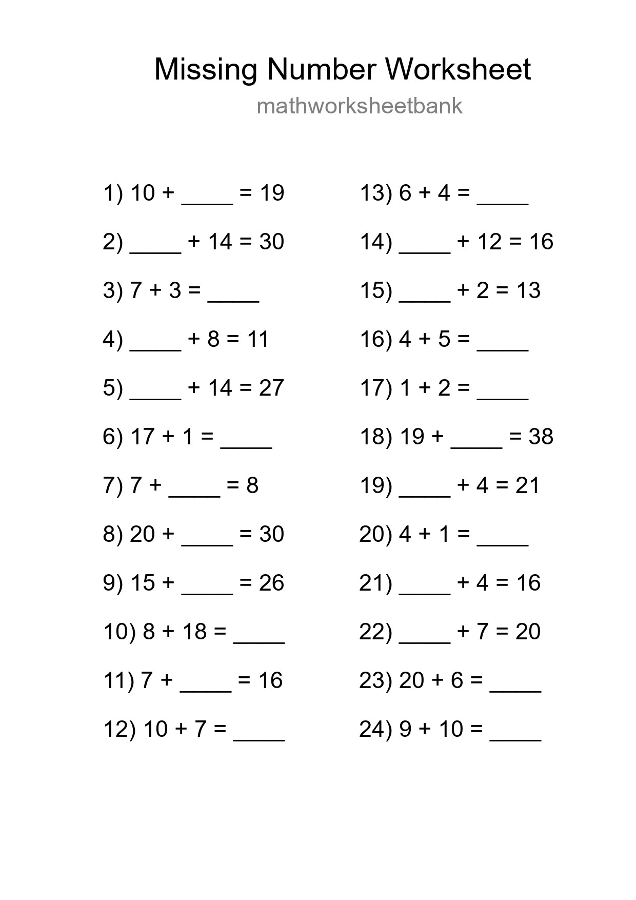 Missing Number Math Worksheet
