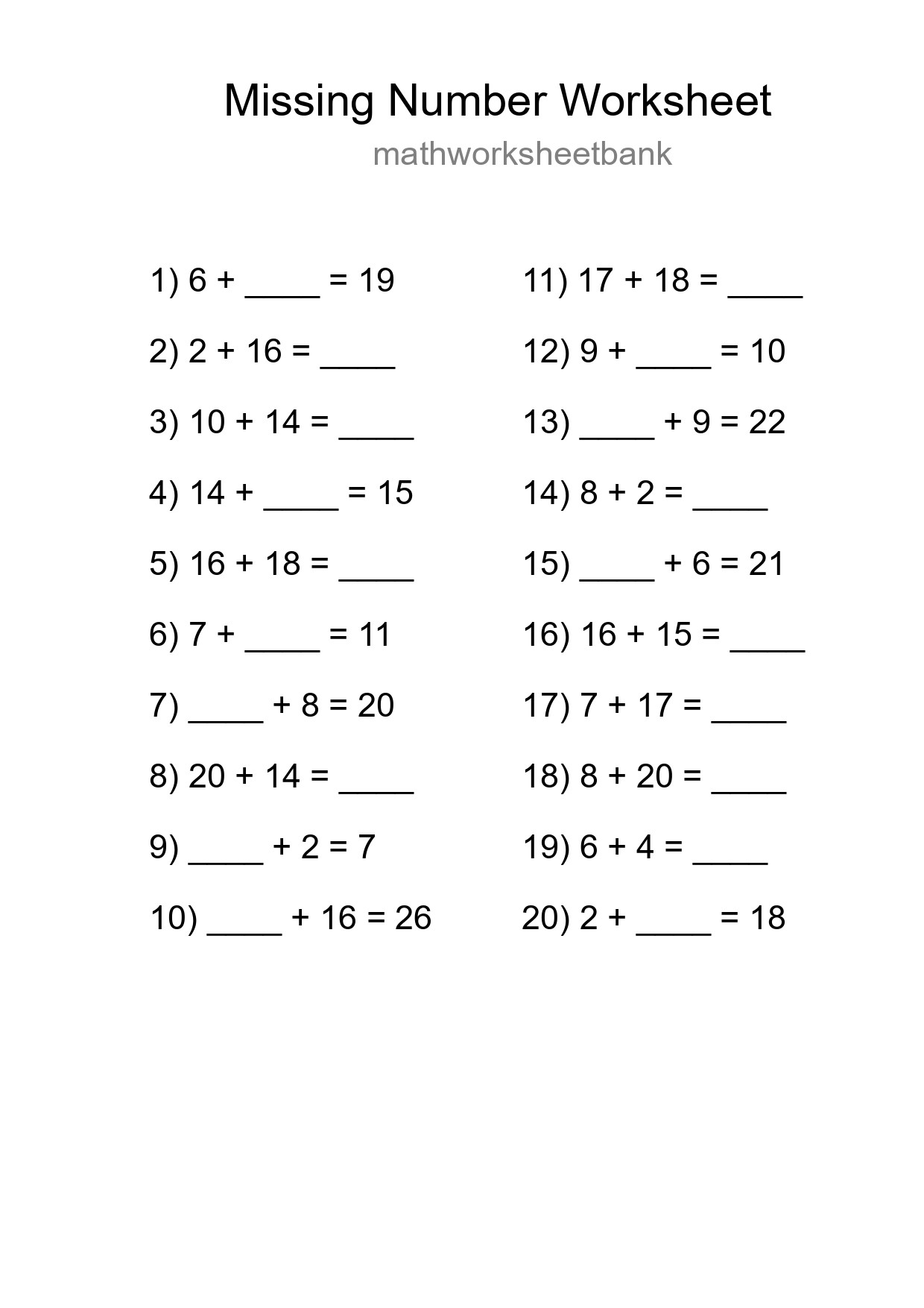 Missing Number Math Worksheet