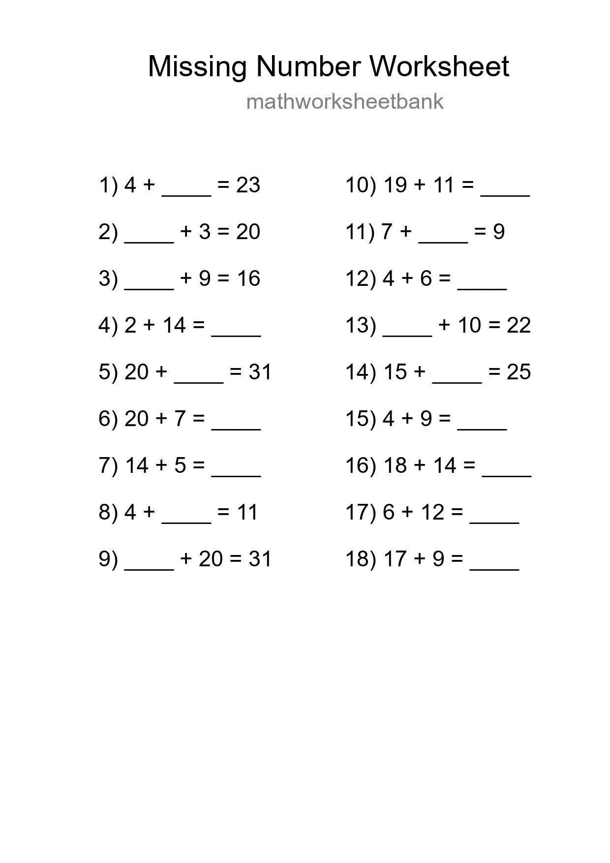 Missing Number Math Worksheet