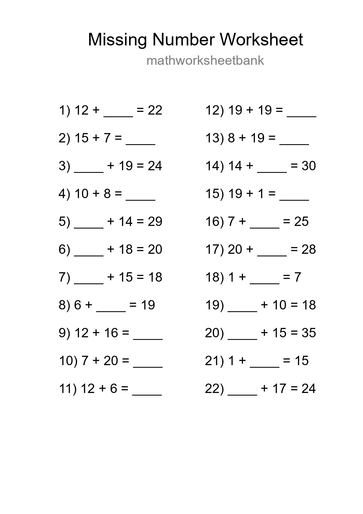 Missing Number Math Worksheet